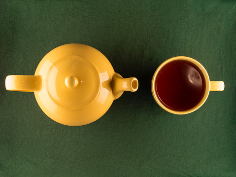 Yellow teapot and mug with tea, simple minimal top view of kitchenware with copy space