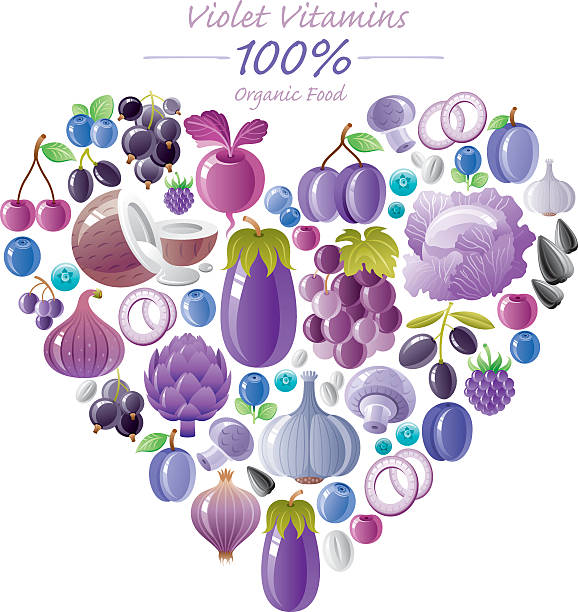 청색 및 보라색 과일 및 야채 하트 모양 - purple artichoke stock illustrations