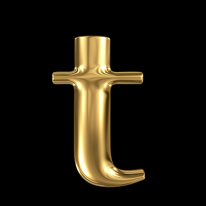 Golden letter t lowercase high quality 3d render isolated on black