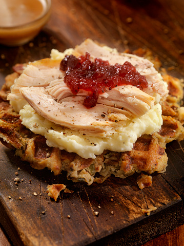 Roasted Turkey Sandwich on a Stuffing Waffel with Mash Potatoes, Cranberry Sauce and Gravy -Photographed on Hasselblad H3D2-39mb Camera