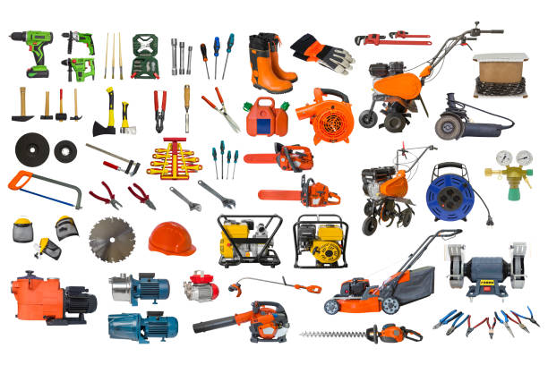 set of building and garden tools isolated on white background