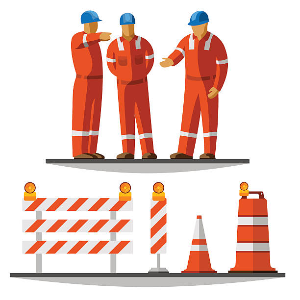 Road construction workers Road construction workers group discussion with helmet and coverall with traffic safety cone, drum, barricade and vertical panel with flash lights. Vector isolated illustration crewmembers stock illustrations