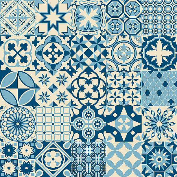 Vintage Antique Blue Mosaic Porcelain Tiles Seamless Pattern A seamless pattern created out of beautiful old fashioned mosaic porcelain tiles, inspired by Moroccan and Portuguese tile designs. This download includes a CMYK AI10 EPS vector file as well as a high resolution RGB JPEG file (minimum 1900 x 2800 pixels). tiled floor stock illustrations