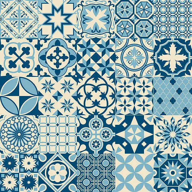 Vector illustration of Vintage Antique Blue Mosaic Porcelain Tiles Seamless Pattern