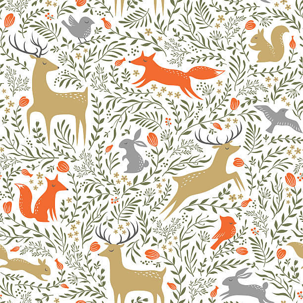 Summer woodland pattern Seamless summer floral pattern with wild animals animal wildlife illustrations stock illustrations