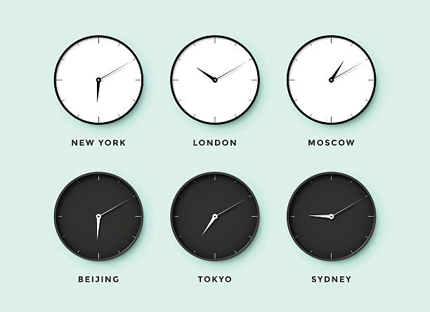 ilustraciones, imágenes clip art, dibujos animados e iconos de stock de conjunto de día y de noche para reloj de tiempo diferentes - mapa de husos horarios