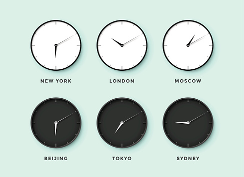Set of day and night clock for time zones different cities. Black and white watch on a mentol background. Vector Illustration