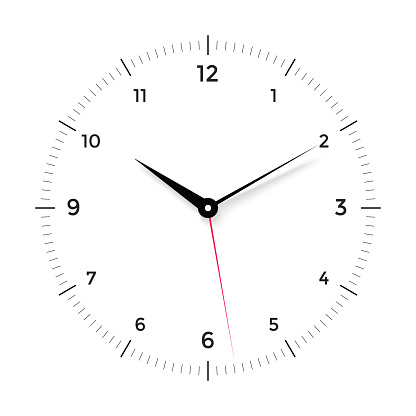 White clock face with black and red pointer on white background. Vector Illustration