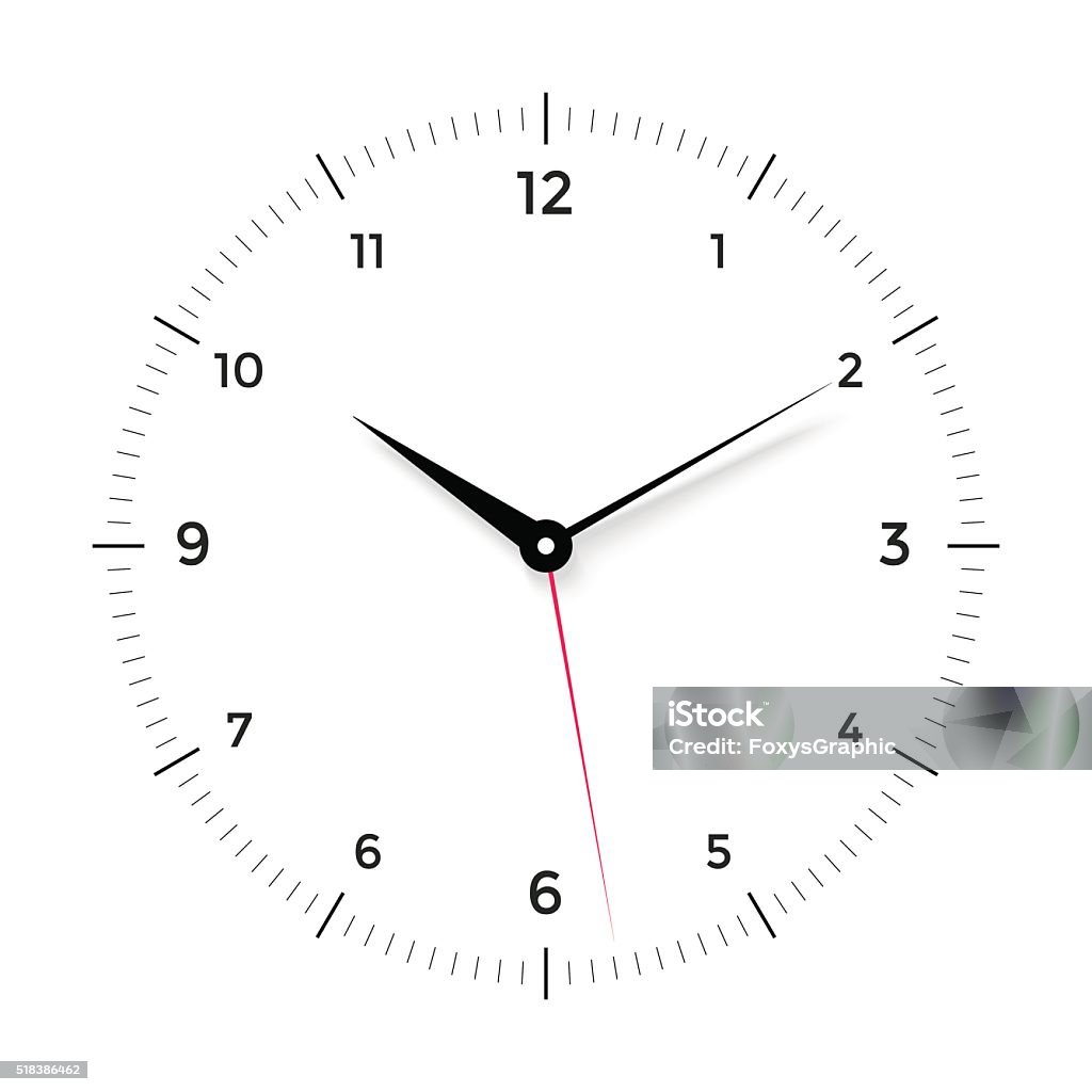 White clock face with black and red pointer on white White clock face with black and red pointer on white background. Vector Illustration Clock stock vector