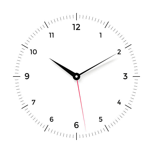 White clock face with black and red pointer on white White clock face with black and red pointer on white background. Vector Illustration clock designs stock illustrations