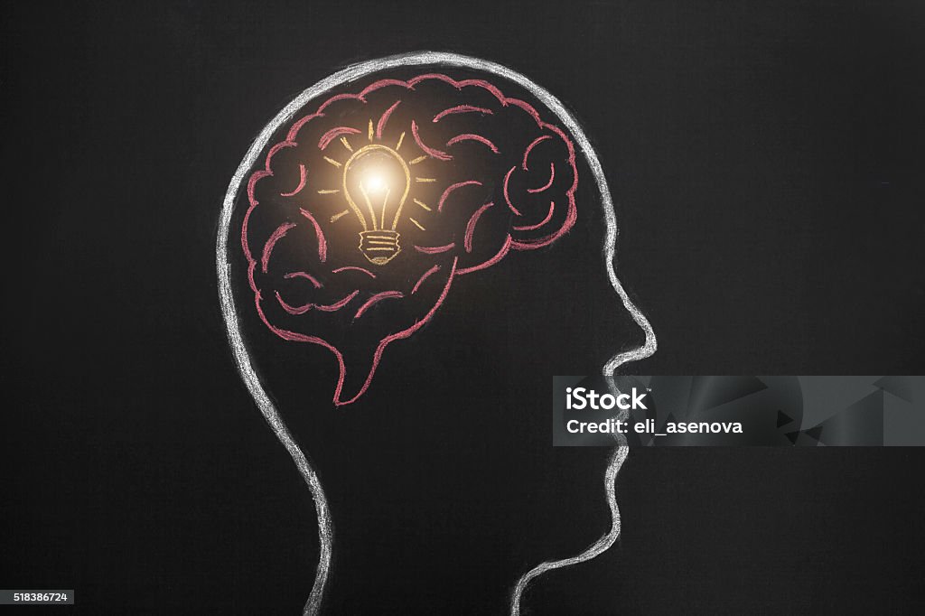 Human head draw in lightbulb - idea concept. Human head draw in lightbulb on blackboard  - idea concept. Concepts Stock Photo