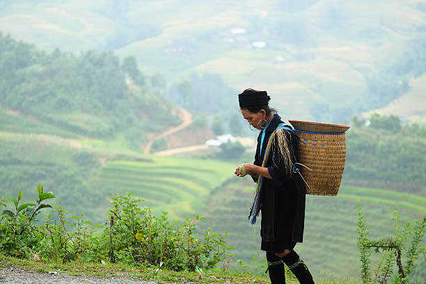 Laocai, Vietnam - September 4, 2015: Hmong woman going to small market at September 4, 2015 in Sapa, Lao Cai, VIetnam.