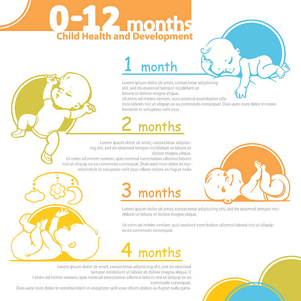 Baby growing up infographic. Set of child health and development icon.  Presentation of baby growth from newborn to toddler with text. First year. Cute boy or gir of 0-12 months. Vector color illustration.  Babies Only stock illustrations