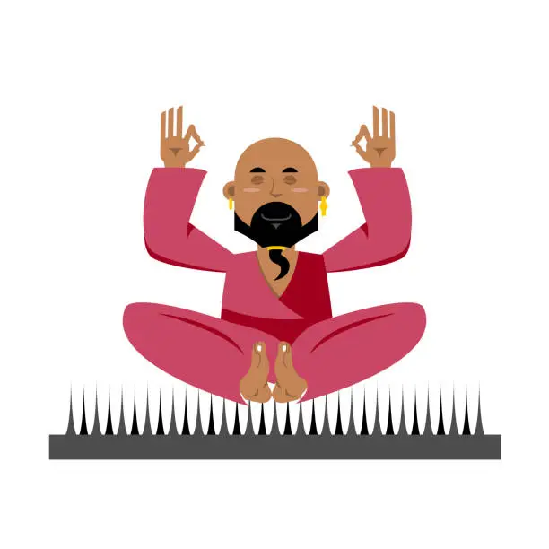 Vector illustration of Yogi on nails. Indian yogi sits on spike. nirvana Meditation