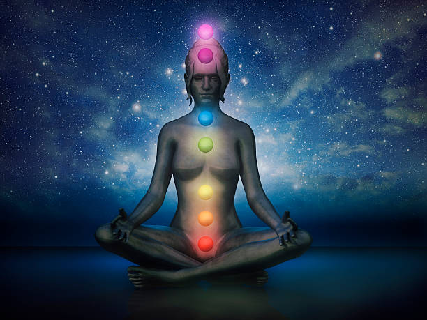 Lotus position meditation with visible chakras