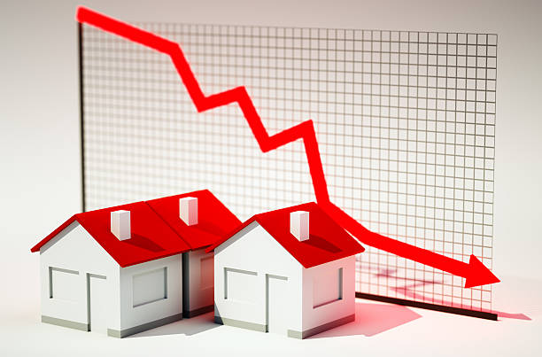 3 d 영상을 하우스, 그래프 떨어지는 - price drop 뉴스 사진 이미지