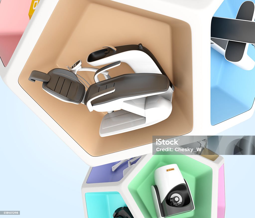 Dental equipment in pentagon cube. Concept for digital dentistry. Dental equipment in pentagon cube. Concept for digital dentistry. 3D rendering image with clipping path. Original design. Dentist Stock Photo