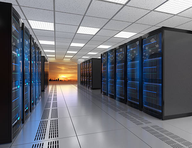 istock Modern server room interior with sunset scene outside the window 518406600