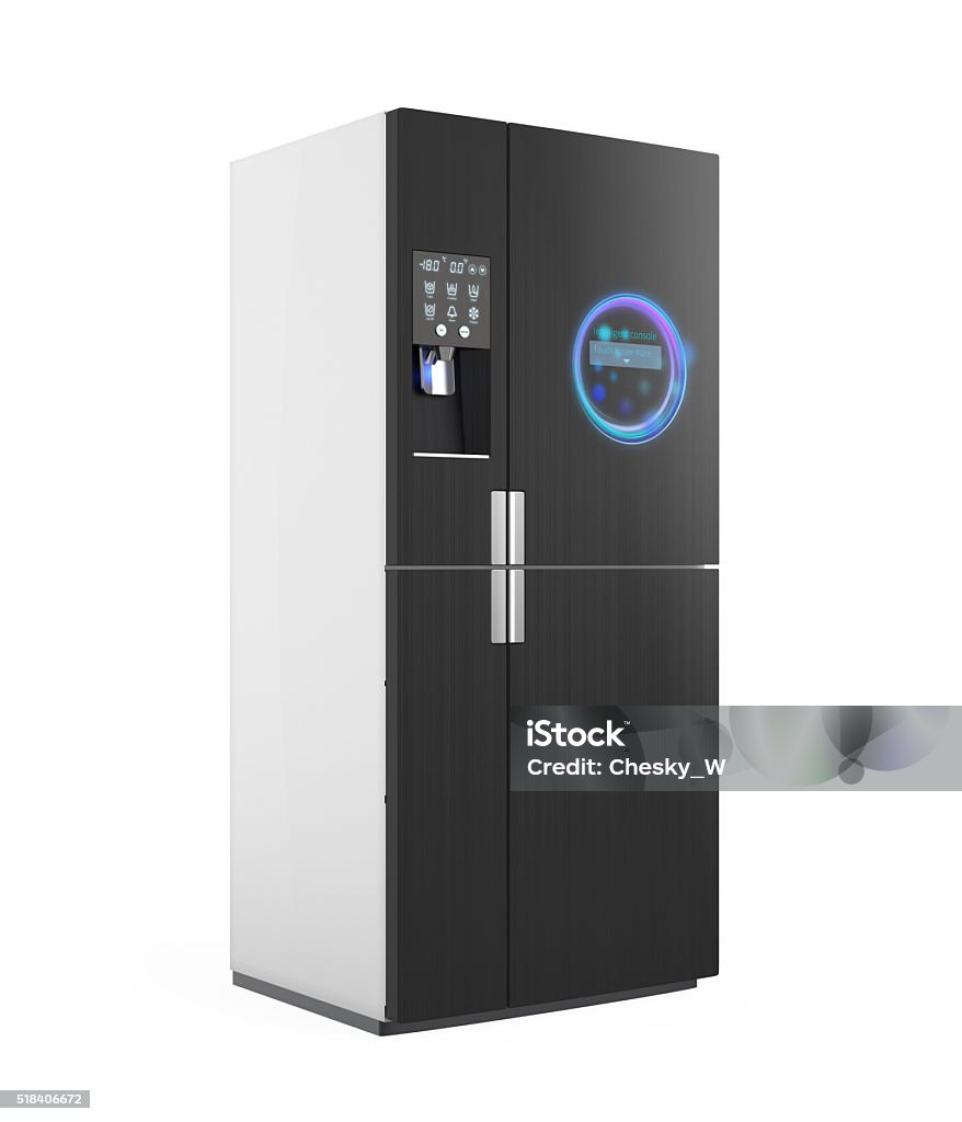 Smart refrigerator isolated on white background Smart refrigerator with ice dispenser function. User can touch icon on the door to discover more information of food and drink inside. 3D rendering image with clipping path. Original design. Refrigerator Stock Photo