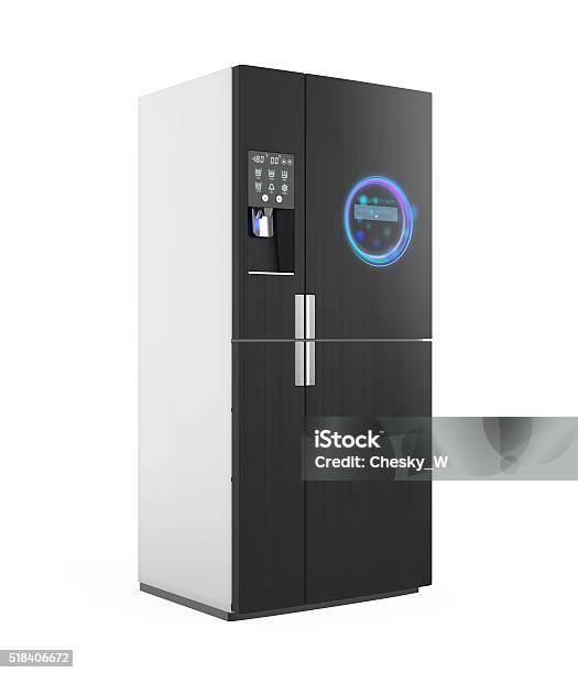Smart Refrigerator Isolated On White Background Stock Photo - Download Image Now - Refrigerator, Intelligence, Digital Display