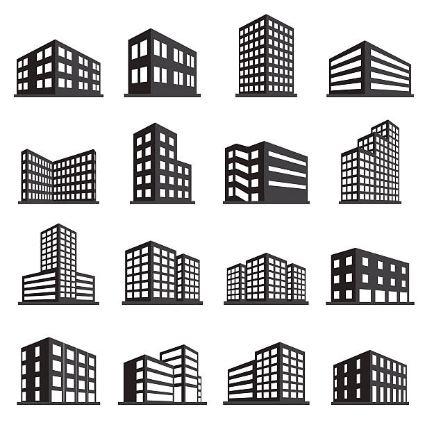 buildings icon and office icon set - dış cephe illüstrasyonlar stock illustrations