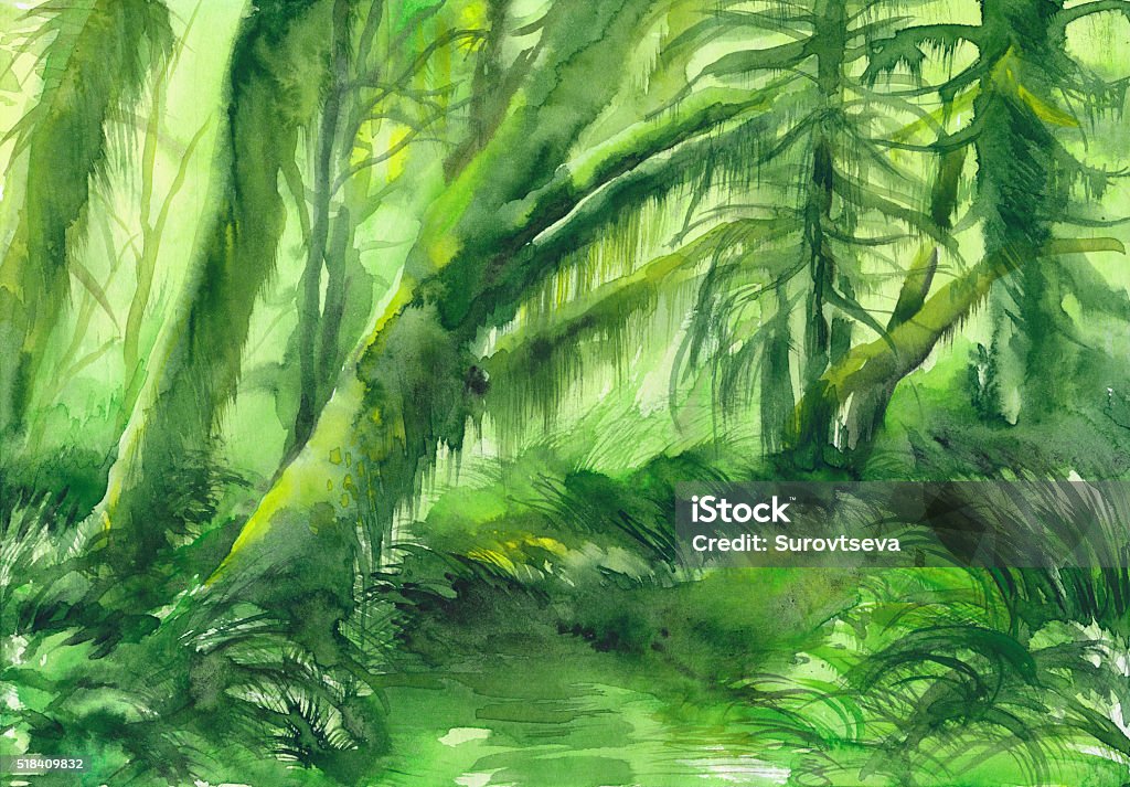 Green misty trees Vibrant green mossy trees in the deep of the forest. Original watercolor painting. Watercolor Painting stock illustration