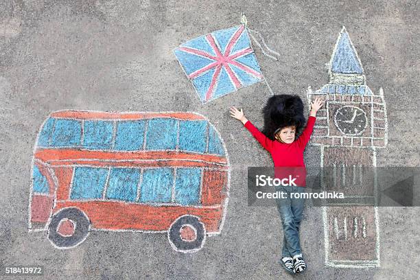 Kid Boy In British Soldier Uniform With London Chalks Picture Stock Photo - Download Image Now
