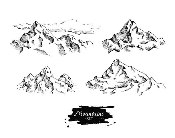ilustraciones, imágenes clip art, dibujos animados e iconos de stock de dibujo vector de de las montañas. dibujado a mano, ilustraciones de las montañas. - mountain engraving drawing illustration and painting