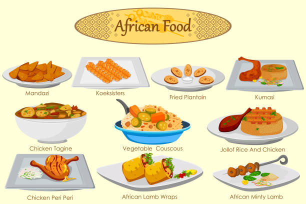 Collection of delicious African food Collection of delicious African food in vector tajine stock illustrations