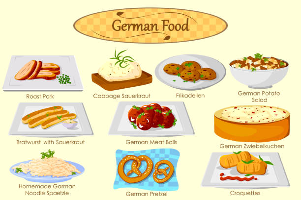 ilustraciones, imágenes clip art, dibujos animados e iconos de stock de colección de deliciosa comida alemana - croquetas