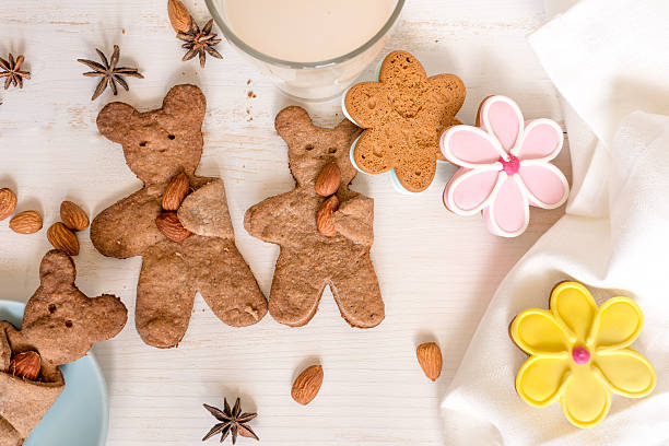 Teddy bear shaped cookies with almond. Top view