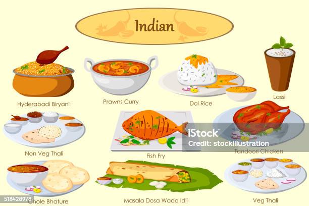 Collection De Délicieux Plats Indiens Vecteurs libres de droits et plus d'images vectorielles de Cuisine indienne - Cuisine indienne, Biryani, Dosa