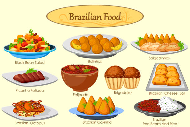ilustraciones, imágenes clip art, dibujos animados e iconos de stock de colección de deliciosa comida brasileña - comida brasileña