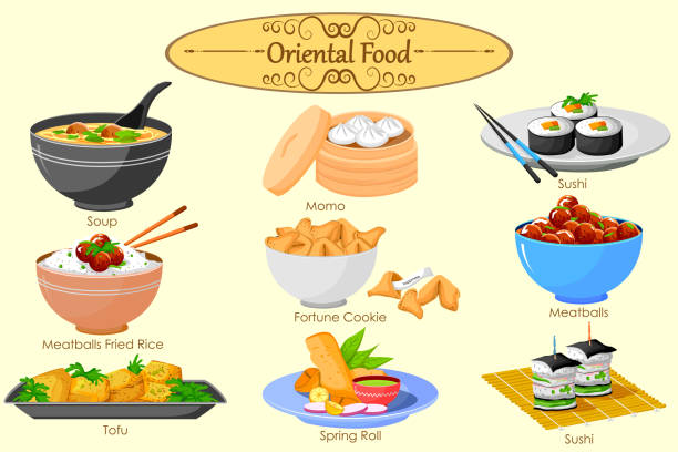 Collection of delicious Oriental food Collection of delicious Oriental food in vector oriental food stock illustrations