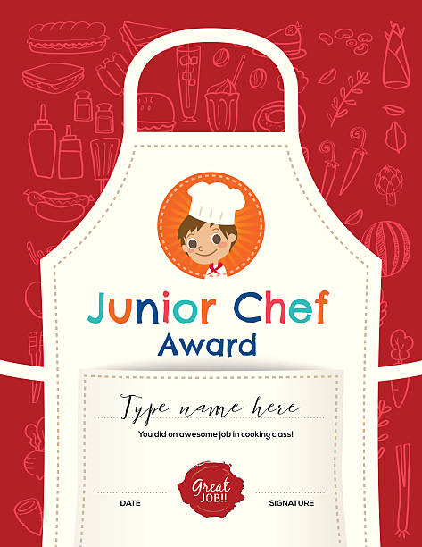 Kids Cooking class certificate design template Kids Cooking class certificate design template with junior chef cartoon illustration on kitchen apron background chef borders stock illustrations