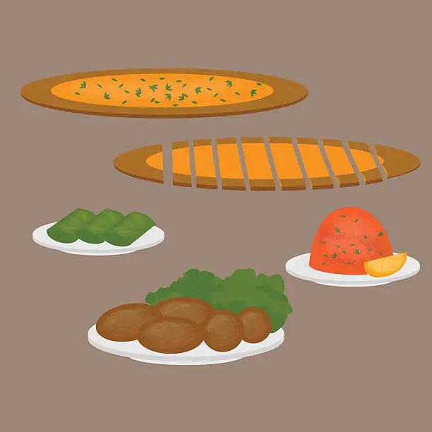 Vector illustration of Turkish cuisine pizza, lentil salad, cutlet,  pide, kisir and kofte.