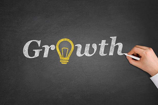 istock Word 'Growth' with Yellow Light Bulb on Blackboard 518437714