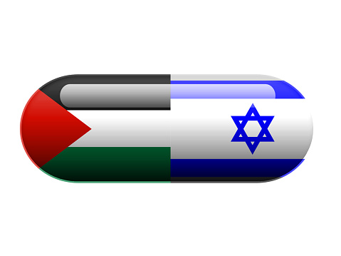 A pill with the Palestine and Israeli flag wrapped around it