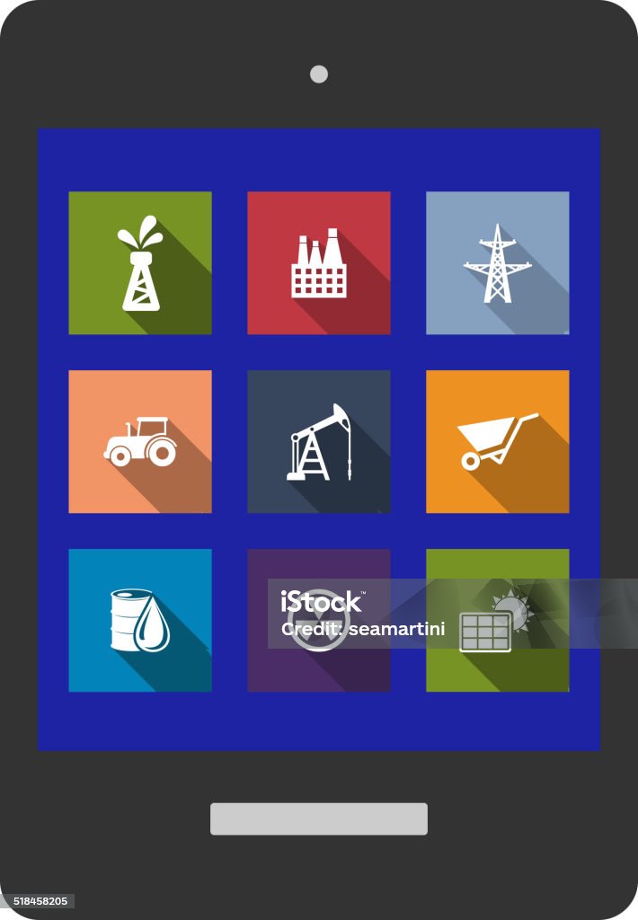 Set of flat industrial icons Set of flat industrial icons of oil, factory, electricity pylon, tractor, mining, drilling, wheelbarrow, crude oil, radioactivity and solar panel on a tablet screen Business stock vector