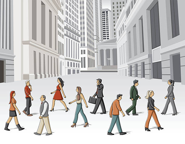 ilustrações de stock, clip art, desenhos animados e ícones de pessoas a caminhar na rua - wall street