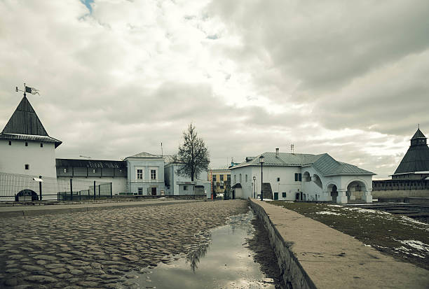 Pskov Dovmont town on a grey background of sky and clouds