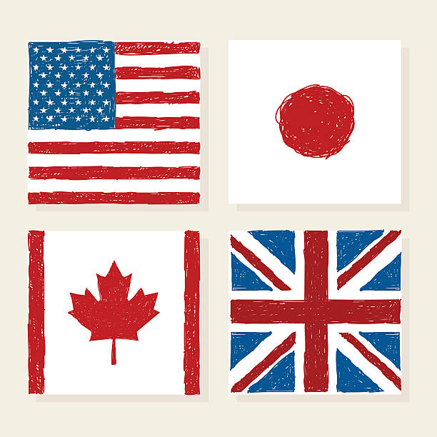 wektor flagi usa, japonii, kanady i wielkiej brytanii - flag canadian flag patriotism national flag stock illustrations