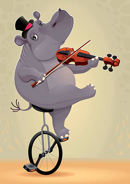 ilustrações, clipart, desenhos animados e ícones de engraçado hipopótamo em monociclo - circus animal