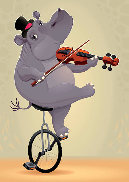 Funny hippo on an unicycle vector art illustration