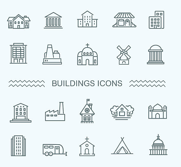 buildings icons set outline icons mansion stock illustrations