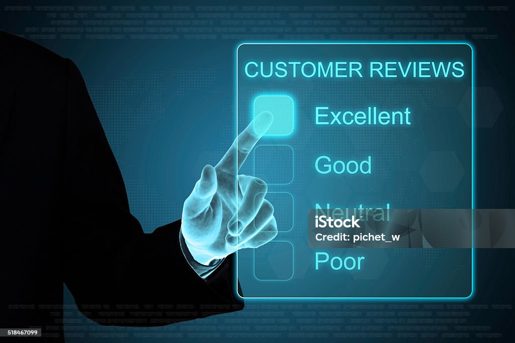 business hand clicking customer review feedback on touch screen business hand pushing customer review feedback on a touch screen interface Advice Stock Photo