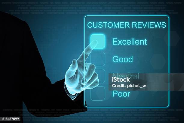 Business Hand Clicking Customer Review Feedback On Touch Screen Stock Photo - Download Image Now