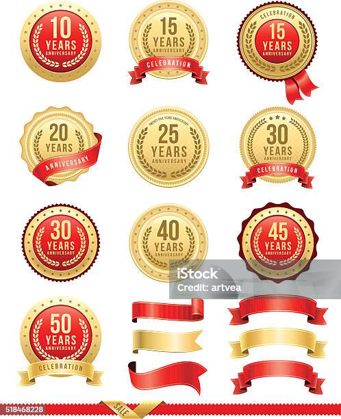 Anniversary Gold Badge Set Stock Illustration - Download Image Now - Anniversary, Award Ribbon, Badge