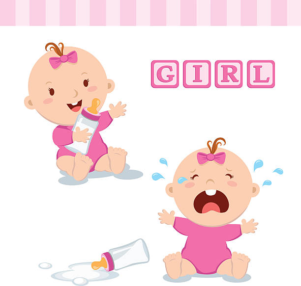 симпатичный детские девушка с бутылка для молока - baby clothing its a girl newborn baby goods stock illustrations