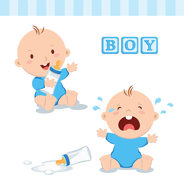 illustrazioni stock, clip art, cartoni animati e icone di tendenza di graziosa bambino con latte bottiglia - baby congratulating toy birthday